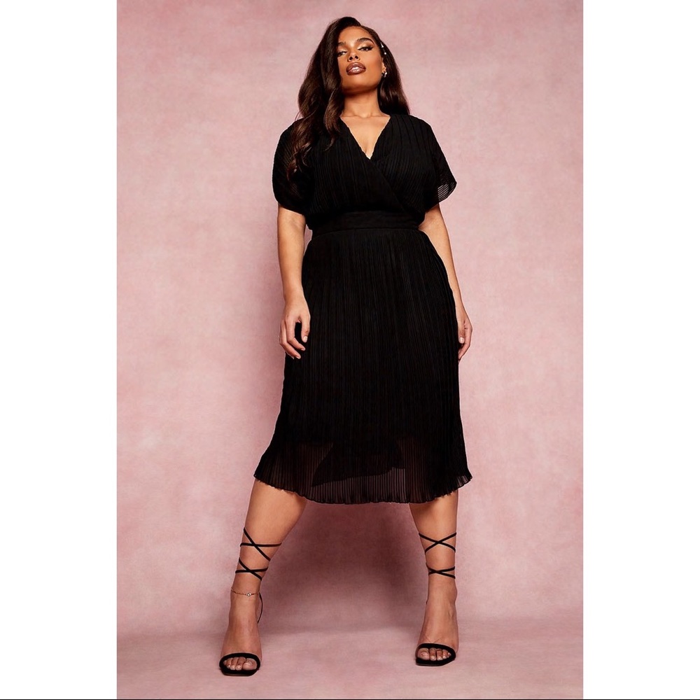 Boohoo Black Midi Faux Wrap Pleated Dress